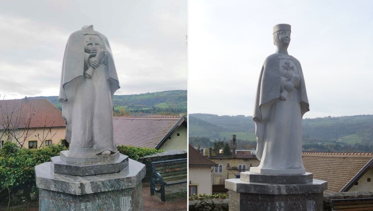 mister_off6's tweet photo. La #statue de la bienfaitrice Béatrice de Savoie décapitée sur la commune des #Echelles.
Il y a là une volonté de s'en prendre à l'histoire de France et particulièrement à celle de nos communes.
Décapiter une statue c'est vouloir décapiter notre histoire !
Justice et fermeté ! https://t.co/rQCZN4kAPF
