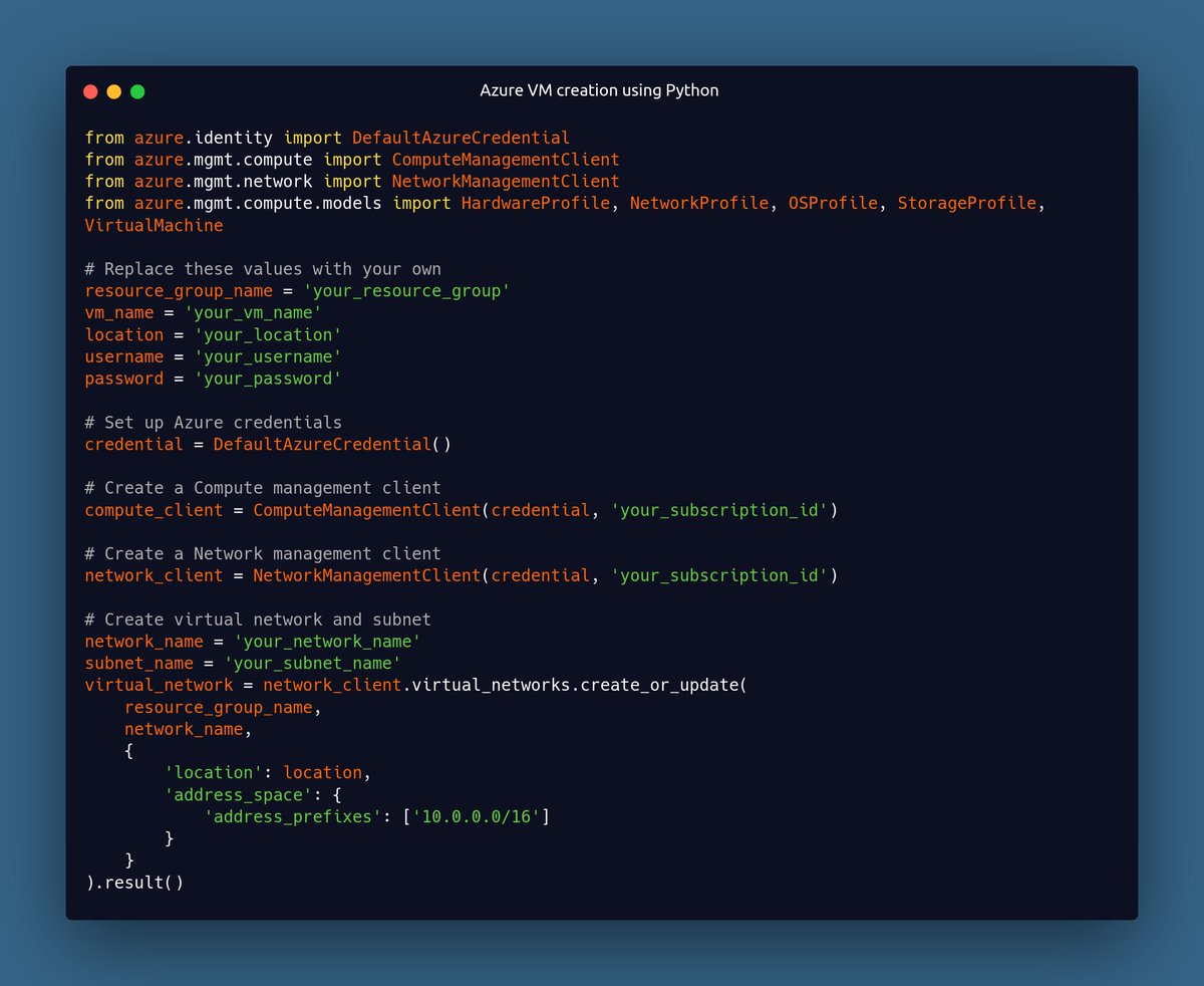 everydaycodings's tweet photo. 🌟 Day 3 of the Coding Odyssey! #LifetimeChallenge
"Today, I explored Azure Virtual Machine Services and successfully spun up an Azure VM using Python. Simple and powerful! 💻🚀 #AzureVM #PythonAutomation" https://t.co/dSigbOjtJD