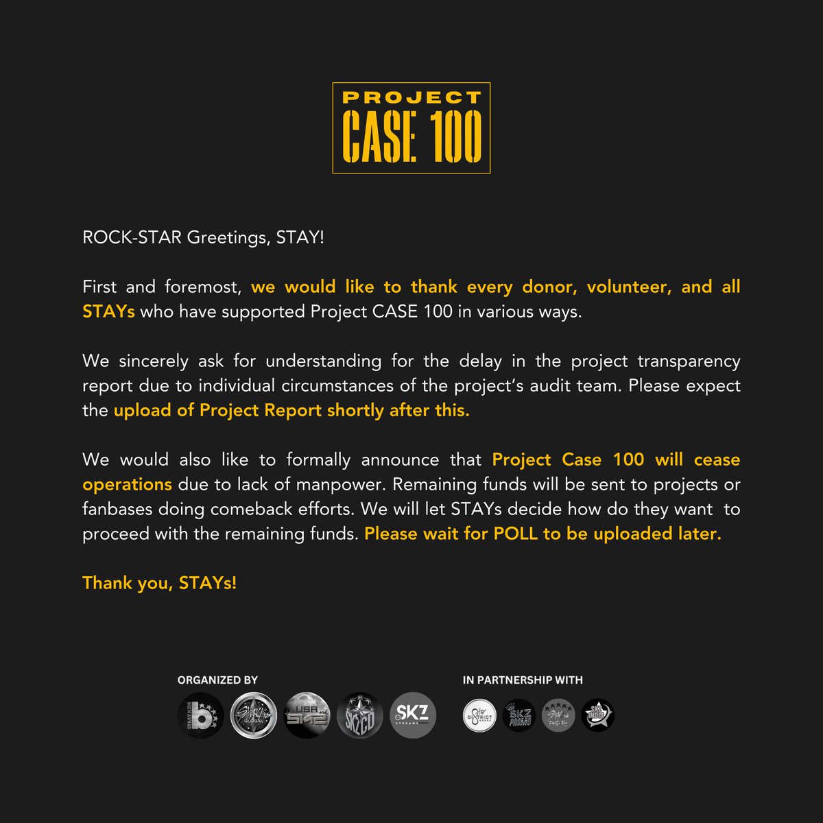 ProjectCASE100's tweet image. Greetings, STAY!

We would like to update regarding the posting of Project Report as well as our formal announcement of @ProjectCASE100's future.

We sincerely thank everyone who have supported this effort!