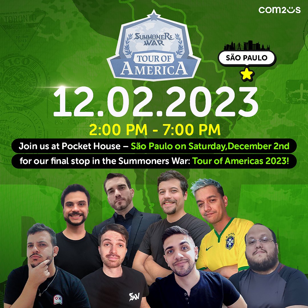 summonerswarapp's tweet photo. Tour of America is on its way to Brazil 📢

The meetup will be taking place at Pocket House in Sao Paulo, Brazil on December 2nd from 2pm-7pm!

Register while there’s availability! 🎟️
https://t.co/upoEfrCO5E

#SummonersWar #Com2us #SWTOA2023 #SWTOA #SWTOABrazil https://t.co/x5kSsyikxZ