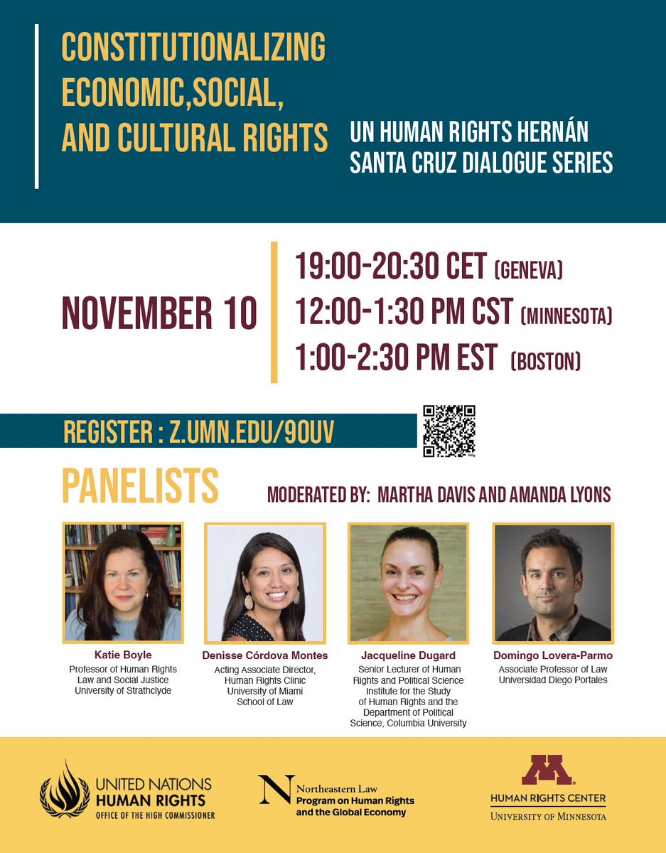 Carr Center Fellow @MarthaFDavis will moderate an upcoming event on November 10, 'Constitutionalizing Economic, Social, and Cultural Rights,' hosted by 
@PHRGE @UNHumanRights @UofMNLawSchool. Register ➡️ law.northeastern.edu/event/constitu…