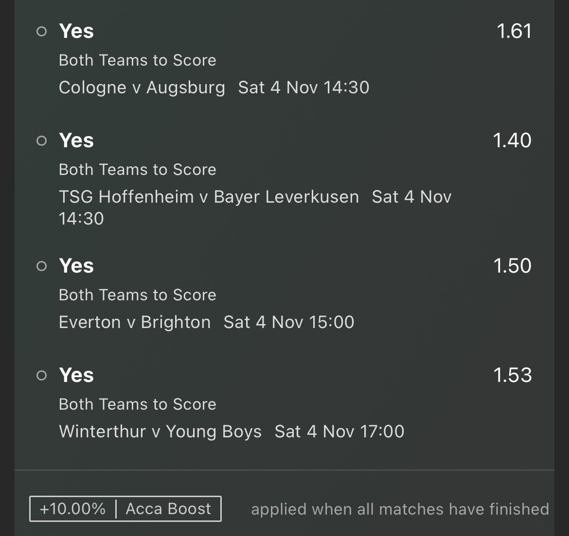 DiscreteTipster's tweet photo. ⚽️ DT Weekend BTTS Acca!

📆 Saturday 4th November.

🇩🇪 Cologne vs Augsburg.
🇩🇪 Hoffenheim vs Leverkusen.
🏴󠁧󠁢󠁥󠁮󠁧󠁿 Everton vs Brighton.
🇨🇭 Winterthur vs Young Boys.

📚 5.06 (Bet365) - 0.5 Units.

🤝 Let's see the goals. Good luck if joining me here!