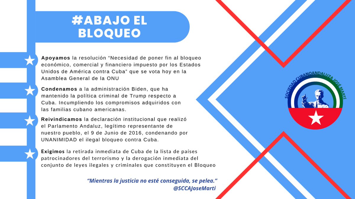 Una vez más, #Cuba está recibiendo un abrumador apoyo en Naciones Unidas 🌎.

El rechazo contra el #BloqueoGenocida del gobierno de #EEUU al pueblo cubano 🇨🇺 vuelve a ser un clamor mundial‼️ 

¡El bloqueo sigue, la solidaridad también! 💪✊️

#MejorSinBloqueo ❤️🖤