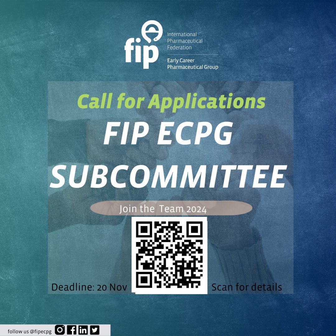 Dear ECPG members, Seize this opportunity to become a part of the phenomenal team in FIP ECPG. Scan the code or click the link to learn more about the positions drive.google.com/file/d/1W7AV6l… Here is the Application form for FIP ECPG Subcommittee: forms.gle/F4N6Y876UxLZVB…