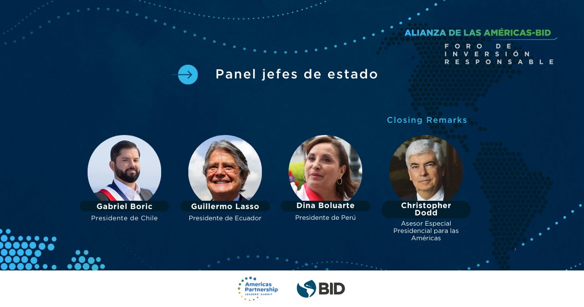 el_BID's tweet photo. ¡No te pierdas a nuestros invitados de lujo en el Foro de Inversión Responsable de la Alianza de las Américas-BID! Presidente @GabrielBoric 🇨🇱, Presidente @conocearodrigo 🇨🇷, Presidente @luisabinader 🇩🇴, Presidente @LassoGuillermo 🇪🇨, Presidenta Dina Boluarte 🇵🇪 y Presidente @LuisLacallePou. https://t.co/er95kLoDIY