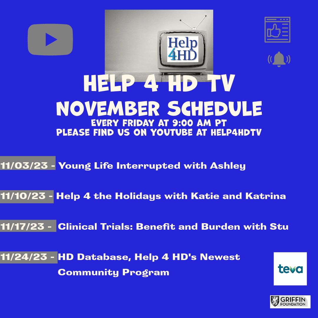 Help4HDI's tweet photo. Here's what's coming up in November on #Help4HDTV! As always, discussing real issues in #HD families and finding #encouragement we enter the #holiday season. Tune in on YouTube Fridays at 9am PST. #HuntingtonsDisease #Help4HD #RealHD https://t.co/4Lc1aCkjmS https://t.co/SkMkiqN7fK