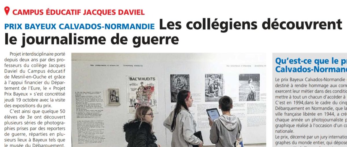 (01/11) Aperçu de l'article de l'Eveil qui met en valeur la participation au Prix Bayeux des 3e grâce à un PPRE. Merci à notre correspondante pour la mise en lumière
<a href="/ac_normandie/">Académie de Normandie</a> @MoncadaFra <a href="/Fmarchand_27/">Frédéric Marchand</a> <a href="/PrixBayeux/">Prix Bayeux Calvados-Normandie</a> <a href="/ClemiNormandie/">EMI_Normandie</a> <a href="/jftitelouze/">Jean-François Titelouze</a> <a href="/EureenNormandie/">Département de l’Eure</a> <a href="/daac_normandie/">DAAC-Normandie</a>