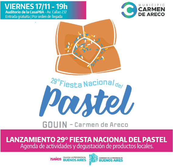 🎉  29° FIESTA NACIONAL DEL PASTEL 🎉
Lanzamiento de la fiesta del Municipio de Carmen de Areco. 
📆17/11 - 19 h
 📍Av. Callao 237 
 Entrada gratuita / Capacidad limitada.

<a href="/MIGobiernoPBA/">MIGobiernoPBA</a> 
 <a href="/CrisAlvarezRod/">Cristina Alvarez Rodríguez</a> 
 <a href="/juanpcusa/">Juan Pablo Cusa</a> 
 <a href="/riachuelito/">Riachuelito</a> 
 <a href="/catalano_ma/">Mariana Catalano</a>