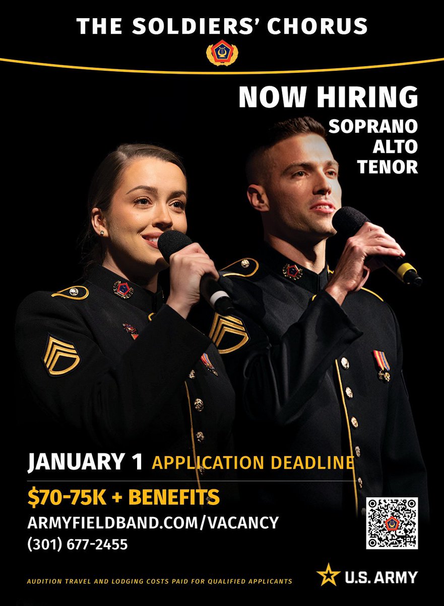 We are hiring! The Soldiers' Chorus has vacancies in the Soprano, Alto, and Tenor sections. Check out our website for more info! armyfieldband.com/careers/field-…