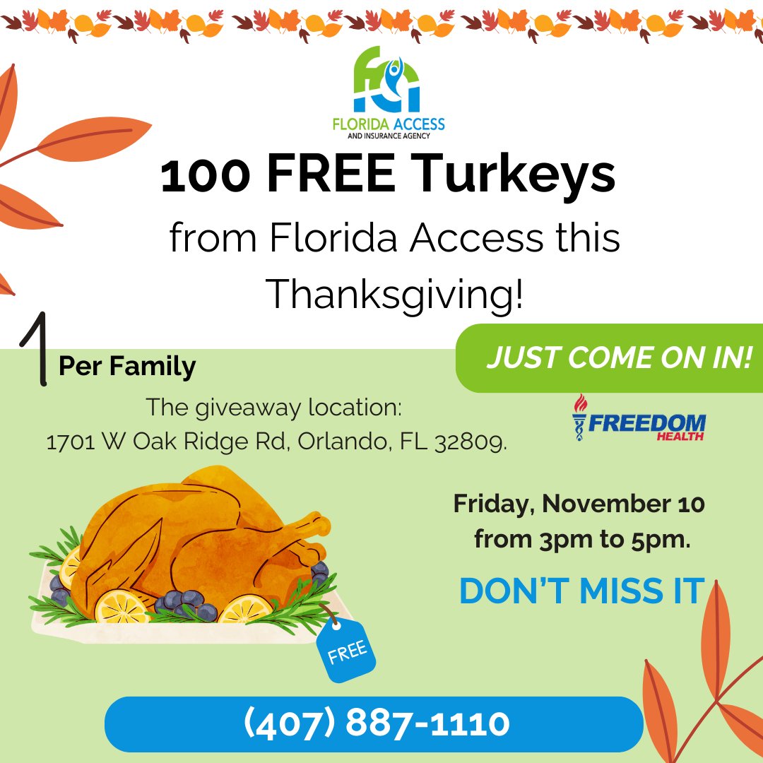 Don't miss the opportunity to get 1 free turkey for your family on Thanksgiving. The process is simple; just visit us on November 10 from 3 pm to 5 pm. Florida Access cares for you! Follow us and stay up to date on all our upcoming events. #Health #insurance #aca #medicare #help