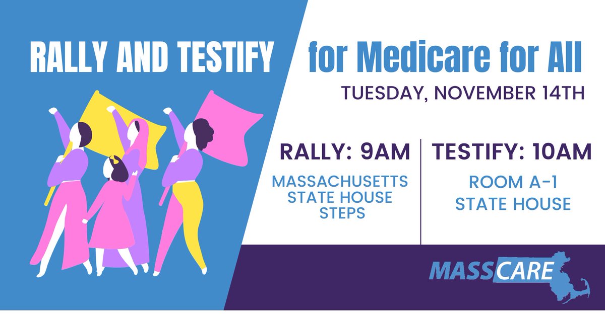 Come rally and testify for the Massachusetts #MedicareforAll bill on Tuesday, Nov. 14th! ✅ Register to testify: bit.ly/JCHCFReg ✅Let us know you're coming: bit.ly/MCHRSVP 🔍 Read more about the hearing & testimony process: masscare.org/2023-legislati… #mapoli