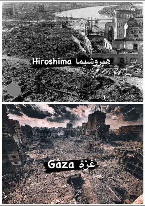 Israel dropped 18,000 tons of explosives on Gaza since Oct. 7, surpassing the amount used in the nuclear bomb dropped on Hiroshima. To put this into perspective: Hiroshima • size: 906.7 km² • population: 255,000 in 1945 #Gaza • size: 45 km² • population: 2.2 million today