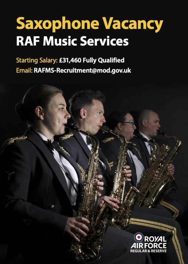 RAFMusic's tweet image. Are you attending the @rncmlive for the #SaxophoneDay on Sun. 5 Nov 23 ? 🎷

If you are interested in a career with @RAFMusic, come and have a chat with our musicians at our recruitment stand 👏 

For more information, please e-mail: RAFMS-Recruitment@mod.gov.uk

#RAFMusic 🎺✈️🥁