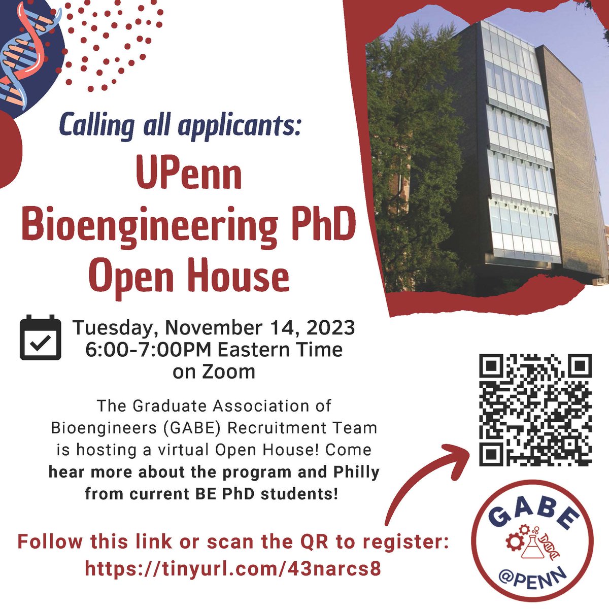 Interested in applying for a PhD in Bioengineering? Join @Penn_GABE for a virtual open house on Tuesday, November 14th. #PennBioengineering #BioMedicalEngineering Register here: bit.ly/3FEGseQ