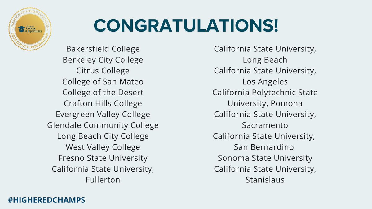 CollegeOpp's tweet photo. @CalCommColleges @calstate @BAKcollege @berkeleycc @CitrusCollege @ClovisCCC @EastLACollege @OfficialEVC @GrossmontEDU @MaderaCCC @go2MissionSC @MoorparkCollege @MtSAC @SJDeltaCollege @csuf @CSULB @CalStateLA @sacstate @stan_state Celebrate the 2023 Equity Champions! @BAKcollege @BerkeleyCC @CitrusCollege @csmbulldogs @collegeofdesert @MyCraftonHills @OfficialEVC @GCCPIO @LBCityCollege @westvalleycc @Fresno_State @csuf @csulb @calstatela @calpolypomona @sacstate @csusbnews @sonomaseawolves @stan_state https://t.co/G0JsJWZ5YE