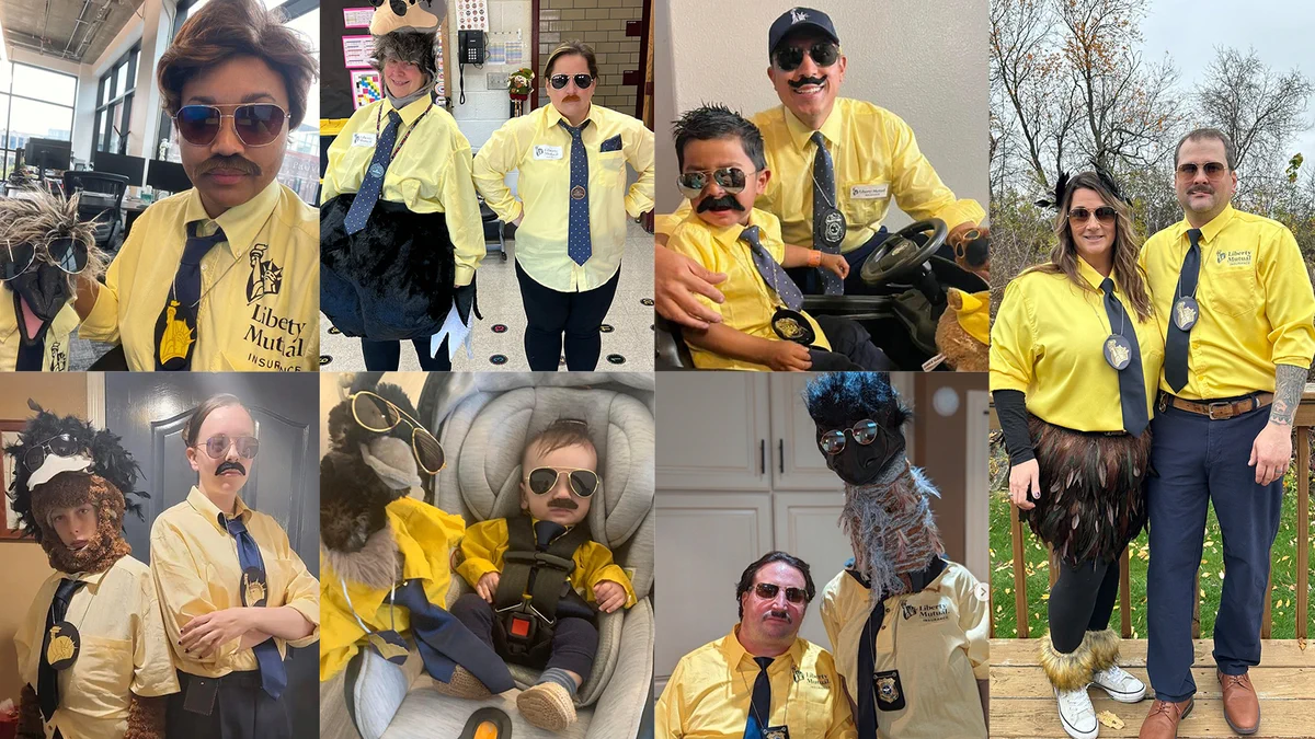 A collage of 7 photos of fan-submitted Halloween costumes dressed as LiMu Emu & Doug