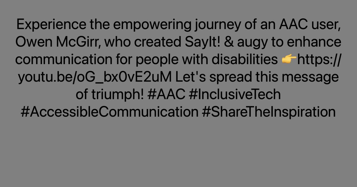 Experience the empowering journey of an AAC user, Owen McGirr, who created SayIt! & augy to enhance communication for people with disabilities 👉ayr.app/l/haN1 Let's spread this message of triumph! #AAC #InclusiveTech #AccessibleCommunication #ShareTheInspiration