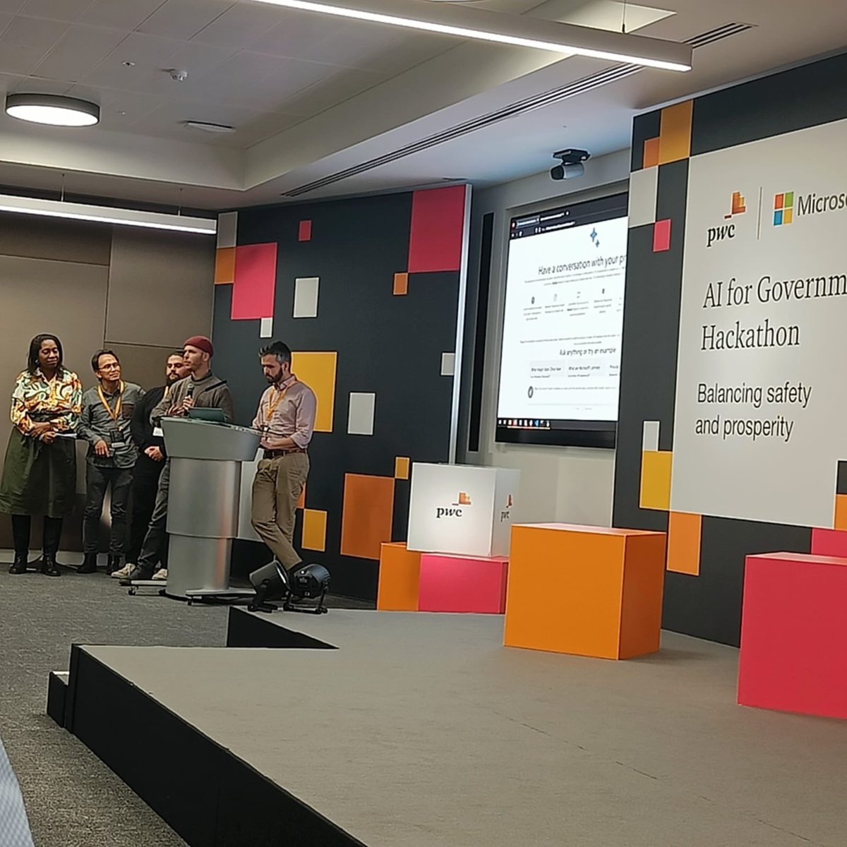 Day 2 of the AI for Government hackathon… presenting team Vibrant Vervets🐒 on our mission to use AI for public good 😍