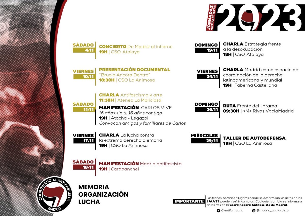 Comienza noviembre y con ello las #JJAA2023

Un mes repleto de charlas, rutas, talleres y otros actos en diferentes puntos de la capital.

Año tras año seguimos siendo: ¡MADRID ANTIFA!