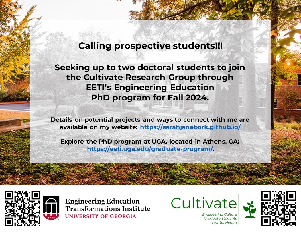 This cycle, I am admitting up to 2 PhD students interested in engineering graduate education, mental health, and/or engineering culture. Additional details in attached flyer. Please help spread the word!