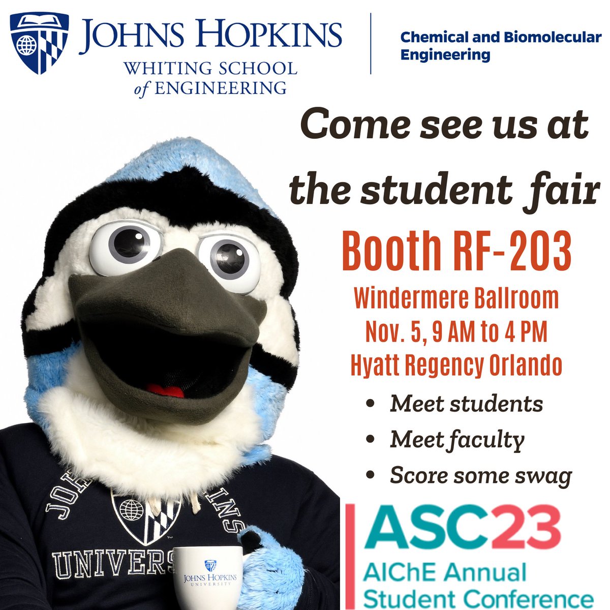 Johns Hopkins ChemBE (@jhu_chembe) on Twitter photo We can't wait to see all of you prospective grad students at the <a href="/ChEnected/">American Institute of Chemical Engineers (AIChE)</a> ASC student fair this weekend! We can't wait to see all of you prospective grad students at the <a href="/ChEnected/">American Institute of Chemical Engineers (AIChE)</a> ASC student fair this weekend!