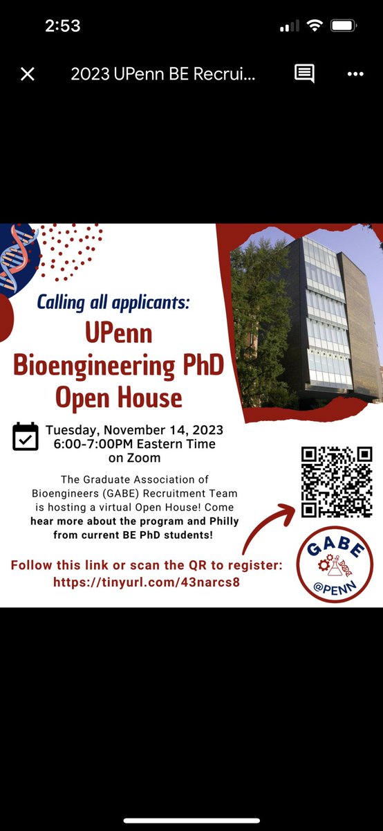 Happening in 2 weeks! The Graduate Association of Bioengineers (GABE) Recruitment Team will be offering a virtual Open House event where applicants can hear more about the program from current BE PhD students! Use the QR Code or tinyurl.com/43narcs8 to register!