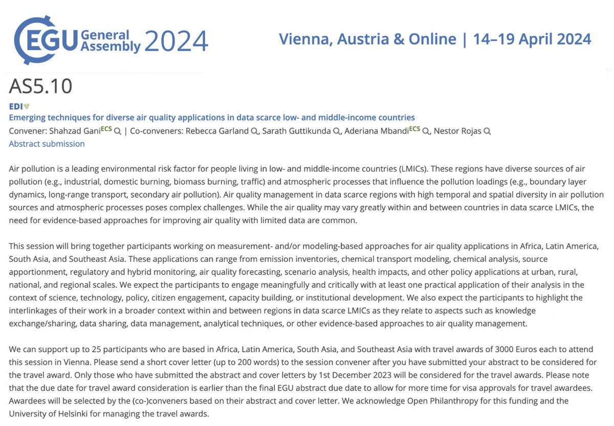 'Emerging techniques for diverse air quality applications in data scarce LMICs' #EGU24 We can support up to 25 participants who are based in Africa, Latin America, South Asia, & Southeast Asia with travel awards of 3000 Euros each to attend this session. meetingorganizer.copernicus.org/EGU24/session/…