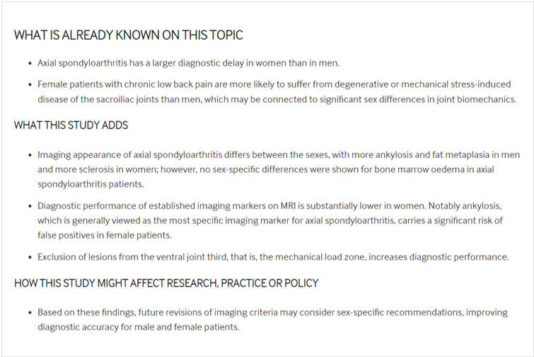eular_ARD's tweet photo. 🚻 Sex-specific #imaging in #axSpA: one size does NOT fit all❗ 

♂️ more #ankylosis &amp; #fatmetaplasia
♀️ more #sclerosis
↔️ active #inflammatory lesions comparable in both sexes

⚠️ risk of false ➕ ves in 🚺

🔗 https://t.co/o3Ezp5oD9Z

@ProftDr @mprotopopov https://t.co/gLs1oqpmdF