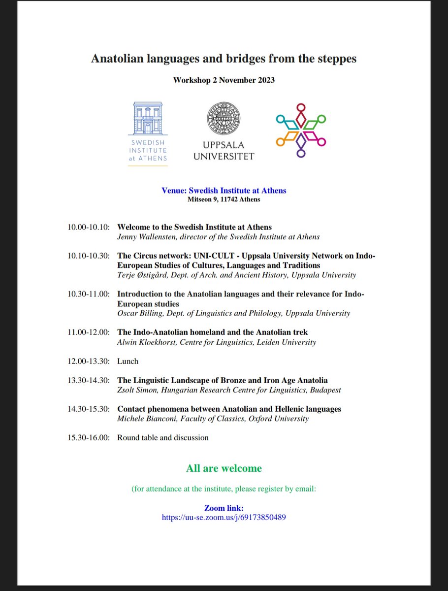 The research centre UNI-CULT at Uppsala University are organising a workshop on Anatolian languages tomorrow! Zoom-participation is possible (see image). Welcome!