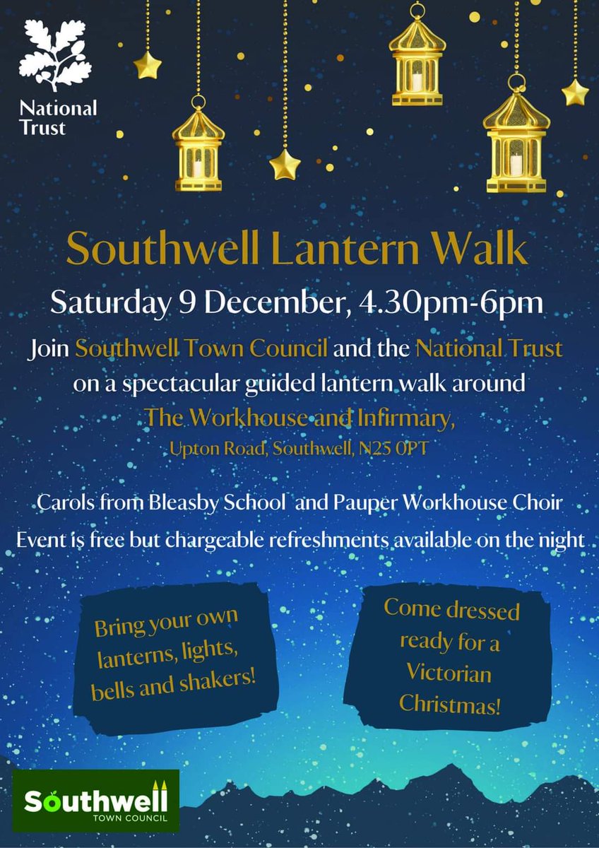 Join Southwell Town Council and and The Workhouse on a seasonal guided lantern walk in the grounds of the Workhouse and Infirmary on Saturday 9 December (4.30pm - 6pm)!

Bring your own lantern, bells and whistles, and join us for a guided walk around the grounds including carols.
