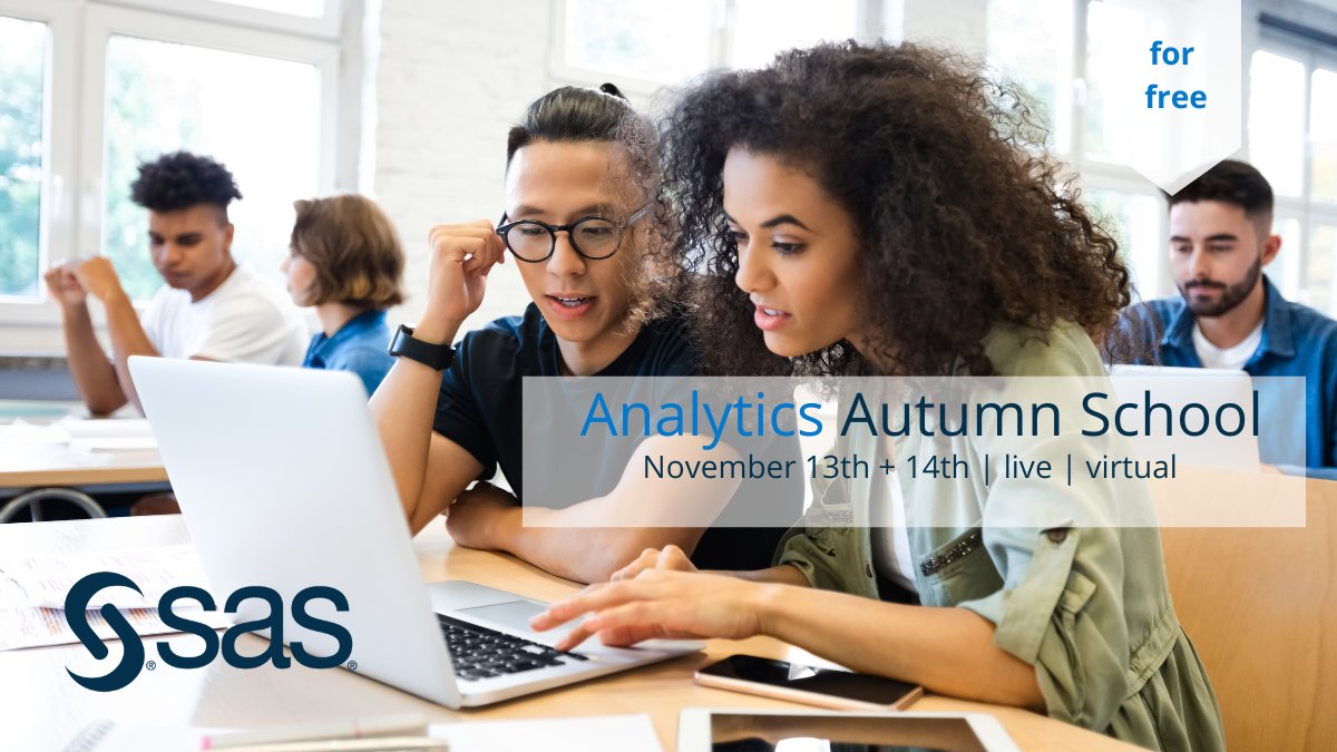 WWChannelJohn's tweet image. Register for ✌🏽 days SAS® Analytics Autumn School:
To learn why data is the key to better business decisions.  

No time in November? Choose one of the other dates from our seasonal school. 

Register now: 2.sas.com/6013ula1W 

#SASAcademics #autumnschool #learnSASonline