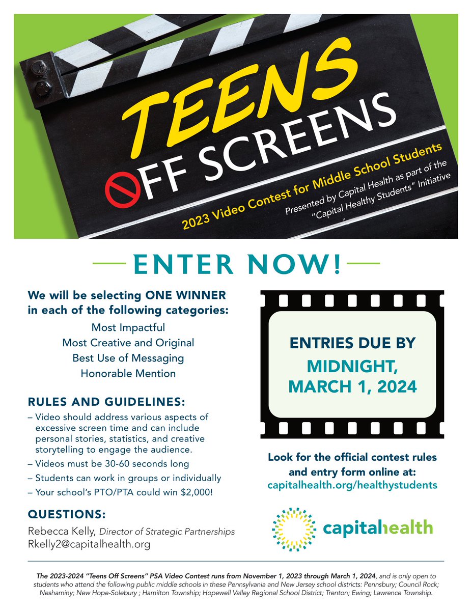 We're excited to announce our 'Teens Off Screens' video contest! Now through March 1, 2024, middle school students from select districts are invited to create and submit a short video that addresses the dangers of excessive screen time. Visit bit.ly/45SdDGp for details.