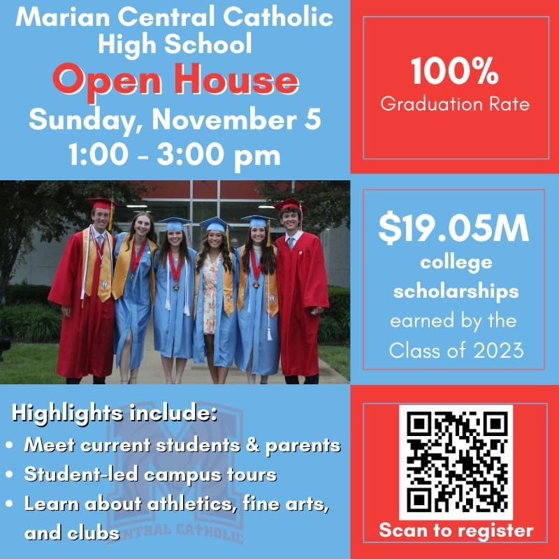 MarianCentral's tweet image. Experience Marian Central at Open House!

You will be part of a student-led tour, learning more about our college-prep academics and supportive teachers! Engaging with our Hurricane family, you will see the pride &amp;amp; enthusiasm of our community.

Register at forms.rediker.com/mariancentralc…