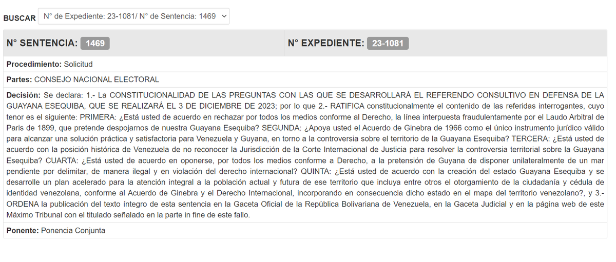 Luego de recibir la Resolución del <a href="/cneesvzla/">cneesvenezuela</a>, la Sala Constitucional del <a href="/tsj_venezuela/">TSJ Venezuela</a> declara la CONSTITUCIONALIDAD DE LAS PREGUNTAS CON LAS QUE SE DESARROLLARÁ EL REFERENDO CONSULTIVO EN DEFENSA DE LA GUAYANA ESEQUIBA QUE SE REALIZARÁ EL 3 DE DICIEMBRE DE 2023.