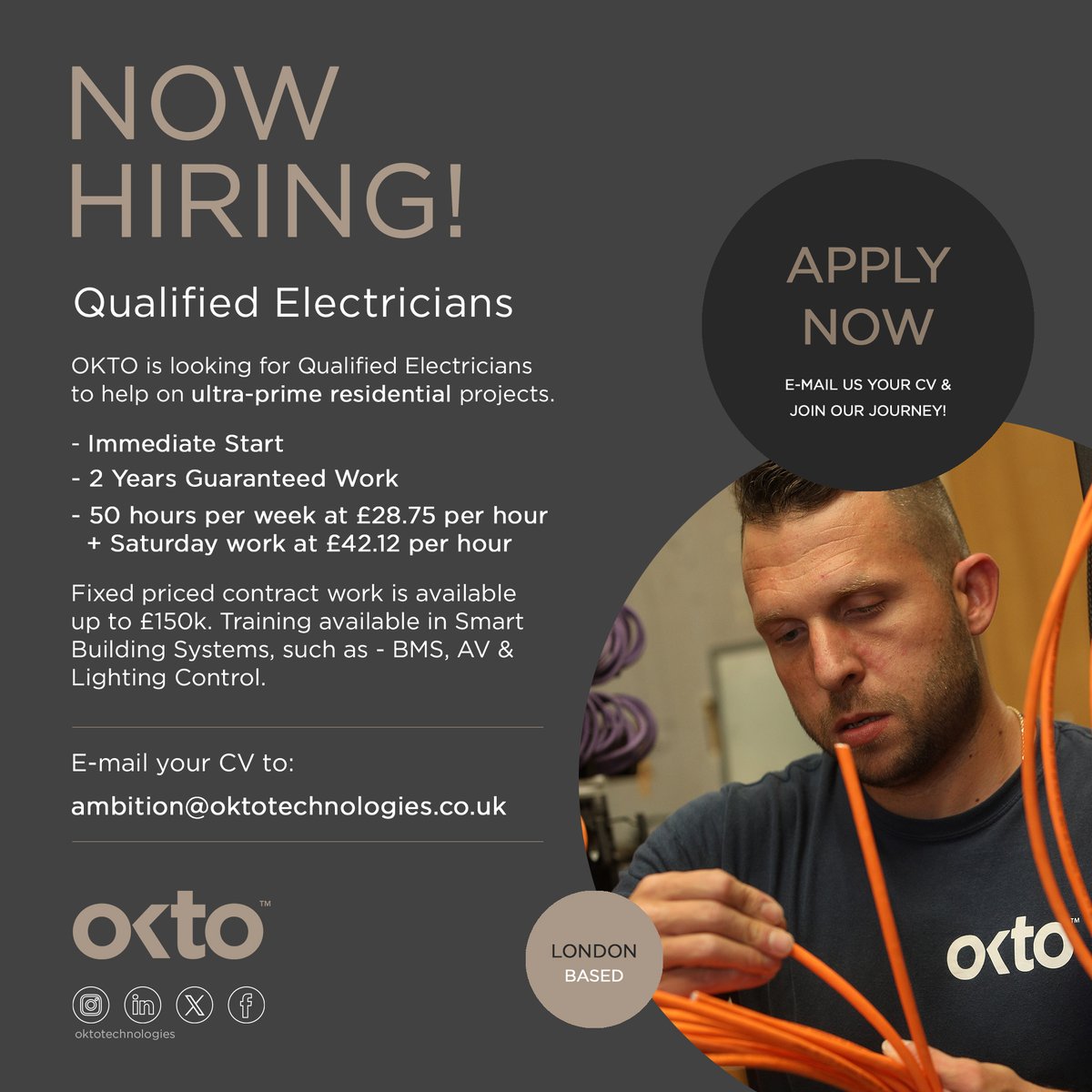 Okto_Tech's tweet image. 🚨NEW JOB ALERT🚨

OKTO Technologies is hiring Qualified Electricians for ultra prime residential work in Central London⚡️

📩Interested? Email your CV to ambition@oktotechnologies.co.uk