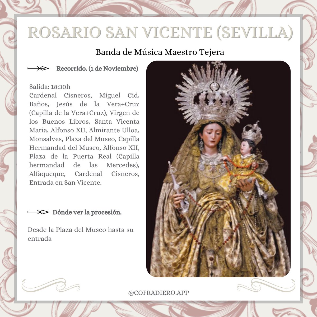 SEVILLA | Hoy viviremos la procesión de la Virgen del Rosario de San Vicente, titular letífica de la Hermandad de las Siete Palabras. 
<a href="/MaestroTejera/">Maestro Tejera</a> <a href="/7_Palabras/">Archicofradía de las Siete Palabras</a> 

#sevillacofradiera #ELCOFRADIERO #TDSCofrade