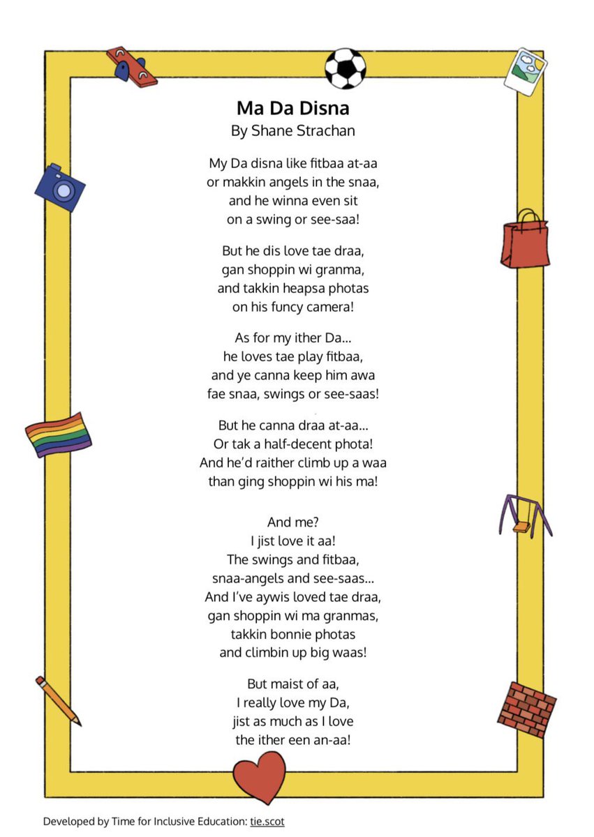 Ma poyem ‘Ma Da Disna’ for <a href="/tiecampaign/">TIE</a>’s new #Scots poyetry resource for primary skweels 🙌🏻🌈 #Doric 

tie.scot/primary/primar…