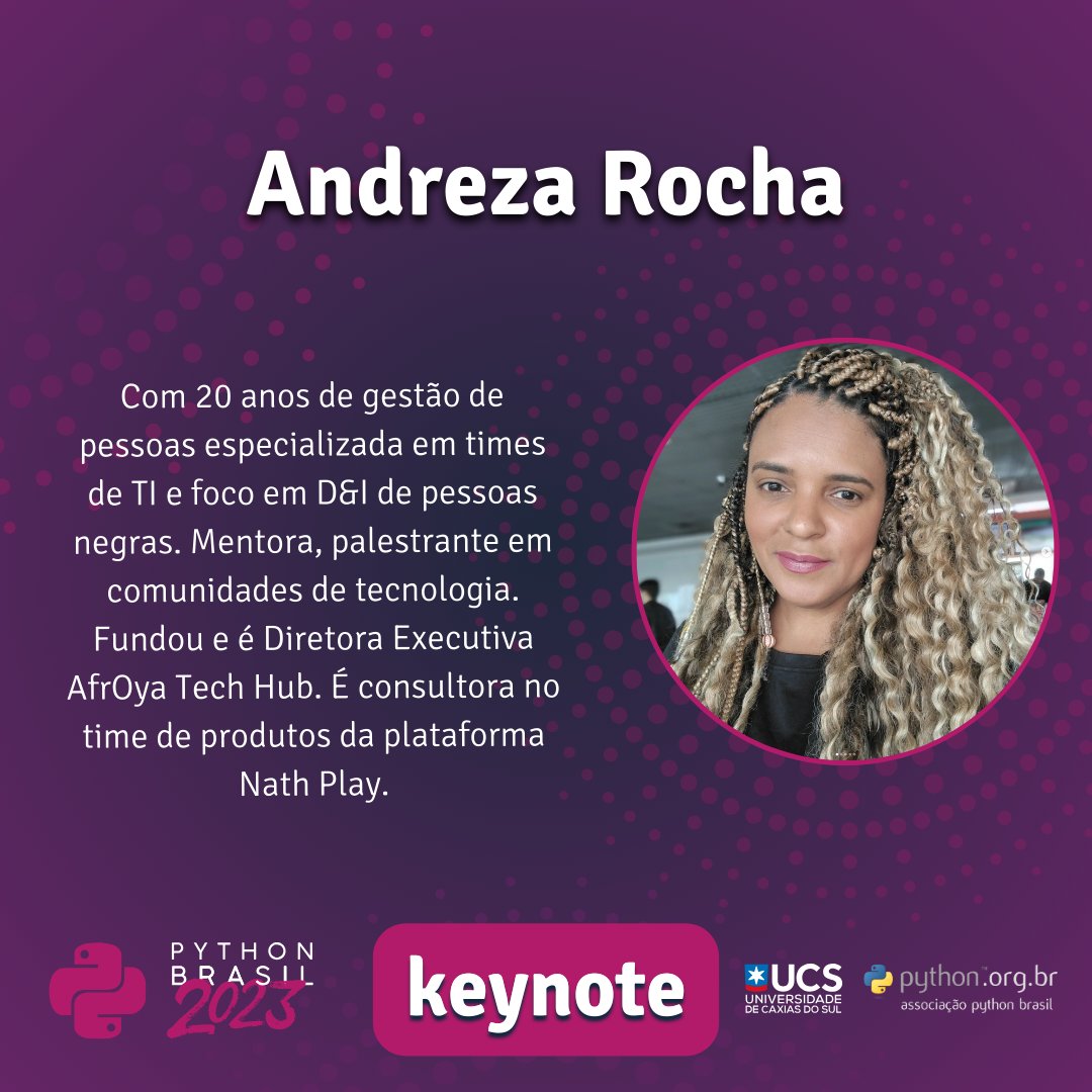 pythonbrasil's tweet photo. Deem as boas-vindas à @passalanorh! <3
Com 20 anos de gestão de pessoas especializada em times de TI e foco em D&amp;I de pessoas negras. Mentora, palestrante em comunidades de tecnologia. Fundou e é Diretora Executiva da @AfrOyaTech . É consultora no time de produtos da Nath Play. https://t.co/ryJetA8phJ