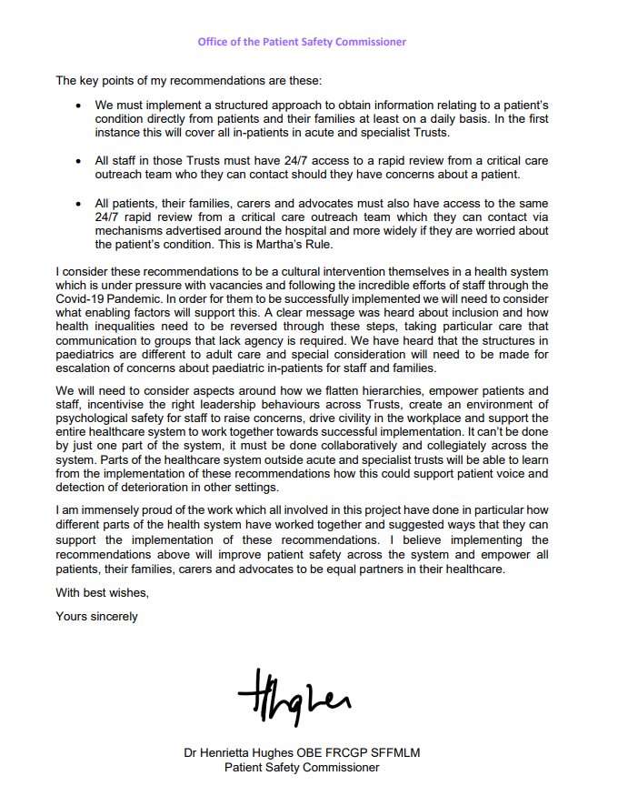 🚨BREAKING: @PSCommissioner sends recommendations to @SteveBarclay on #marthasrule calling for 24/7 rapid access to a critical care outreach team, available to all patients, families, carers and advocates.