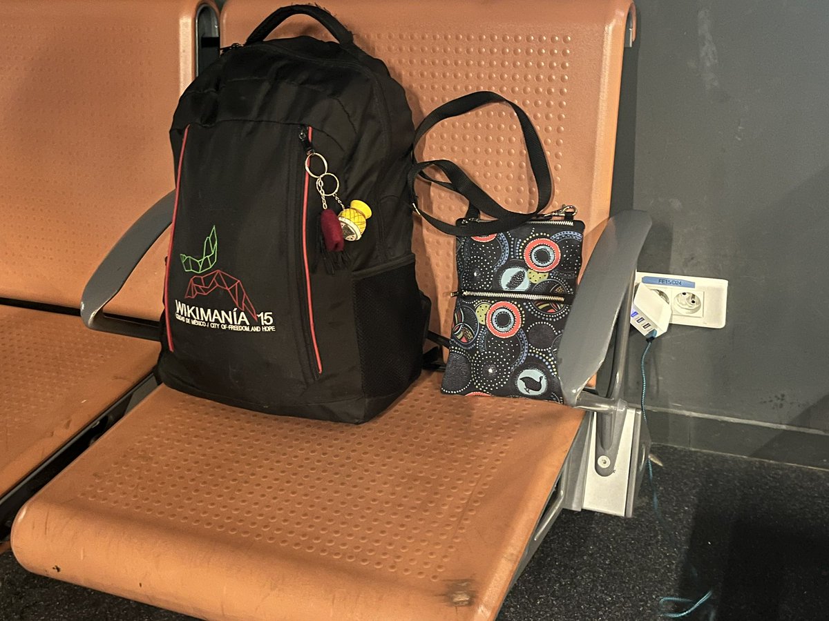 Anthere's tweet photo. And this is now time ! Waiting in Aix-Marseille airport on my way to the #wikiindaba2023 conference ! My #wikimania #mexico bag is on the move again ! #wikimediaTN #wikimediaMA https://t.co/kO6q1Xm6q7