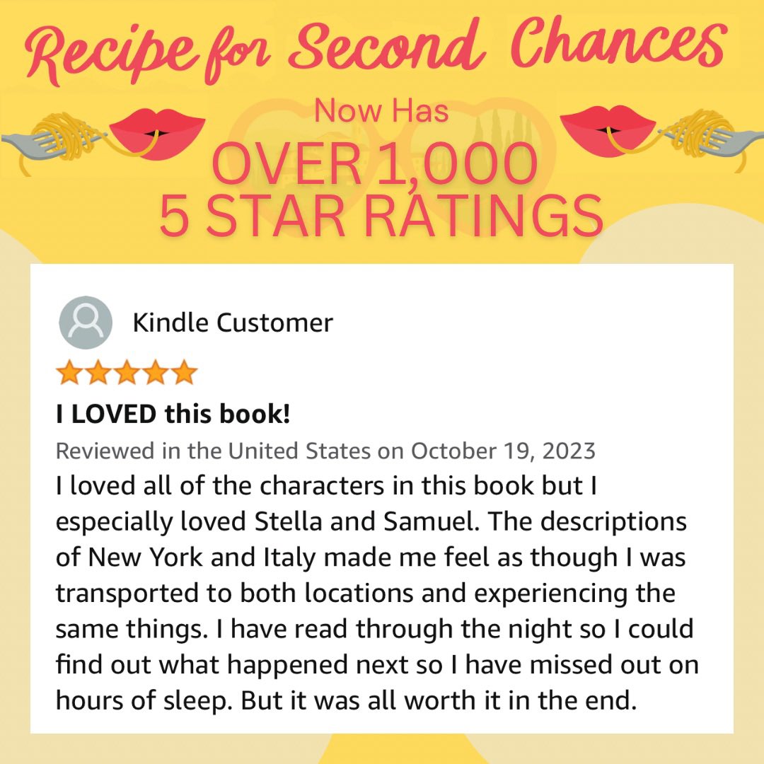 Ali_Rosen's tweet photo. Recipe for Second Chances is officially out today! But because it was in First Reads, it's had a month of feedback, and I'm so thrilled to say that the book is debuting with OVER ONE THOUSAND five star ratings on Amazon.
So give it a read, won’t you? https://t.co/47y5Gw2zk4