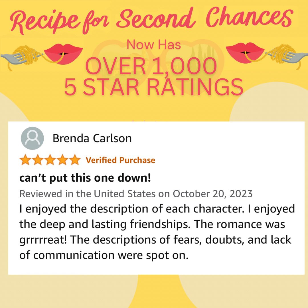Ali_Rosen's tweet photo. Recipe for Second Chances is officially out today! But because it was in First Reads, it's had a month of feedback, and I'm so thrilled to say that the book is debuting with OVER ONE THOUSAND five star ratings on Amazon.
So give it a read, won’t you? https://t.co/47y5Gw2zk4