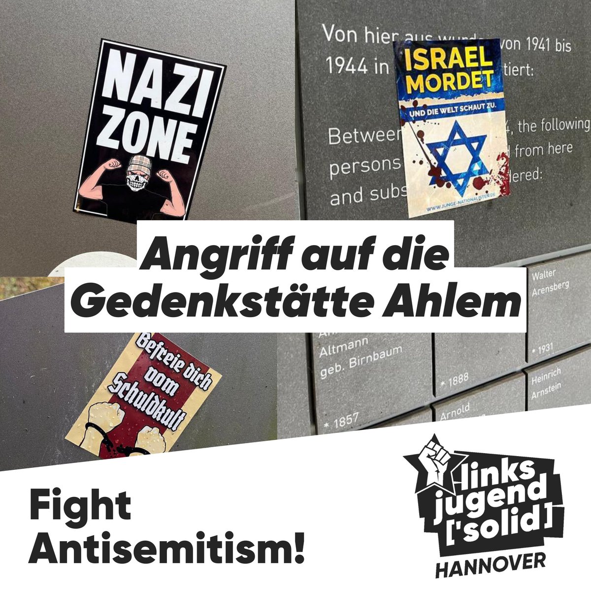 LJS_Hannover's tweet photo. Am Wochenende gab es einen antisemitischen Angriff auf die Gedenkstätte Ahlem.
Zahlreiche Nazi-Sticker, darunter einige der Jungen Nationalisten, wurden unter anderem auf die "Wand der Namen" geklebt, an welcher den jüdischen Opfern des Holocausts gedacht wird. (1/9) https://t.co/QbfUgoOIFX