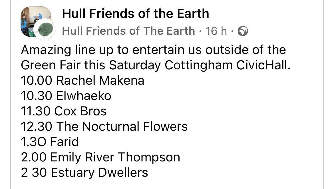 johncoxmusic's tweet image. Really looking forward to playing at the Hull Friends of The Earth ‘Green Fair 23’ this Saturday morning - part of the magnificent @HumberEcoFest events happening right now. We’ll be on at 11.30am 🌱🎶👌XX 

#humberecofest #friendsoftheearth #friendsoftheearthhull #coxbroshull