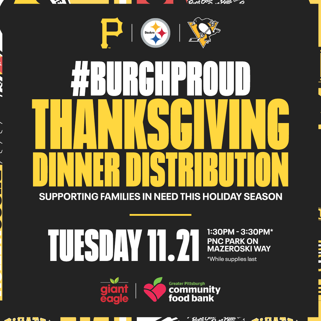 We are teaming up with the @penguins and @steelers  to host the #BurghProud Thanksgiving Dinner Distribution to support 300 local families in need this holiday season.

Supplies will be given out first come, first serve on Tuesday, November 21 from 1:30-3:30pm on Mazeroski Way.