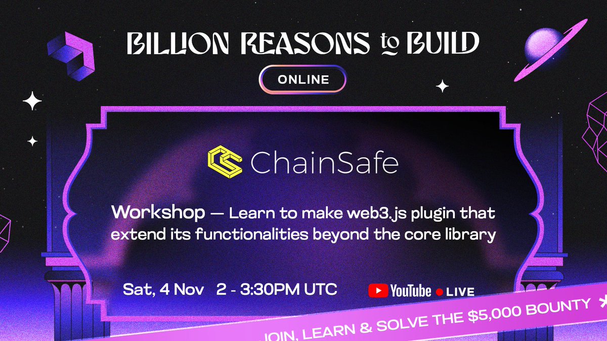 PushChain's tweet photo. Join, learn, and win.

$5k bounty plus a shot at an all-sponsored trip to @ETHIndiaco ✈️

@ChainSafeth Blockchain Tools Developer @maltabba, will be sharing insights on web3.js plugin development to help.

🗓️Sat, Nov 4th - 2:00pm UTC

Register now👉https://t.co/UsWBihblBw https://t.co/dGRP58ImL6