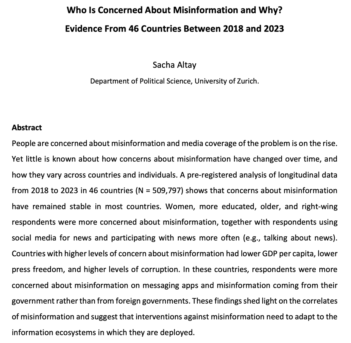 I have a new working paper on concerns about what is real and fake on the internet 😱

Relying on data from the Digital News Report, I conducted a pre-registered analysis of concerns about misinformation between 2018 to 2023 in 46 countries (N = 509,797).

osf.io/preprints/psya…