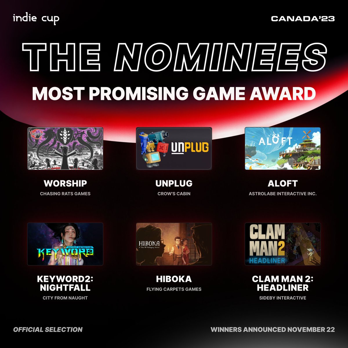 And the nominees for the MOST PROMISING GAME AWARD at Indie Cup Canada’23 are:

• Worship
• Unplug
• Aloft
• Keyword2: Nightfall
• Hiboka
• Clam Man 2: Headliner

This award will go to the best festival submission in early development stage.

Congratulations to all teams!