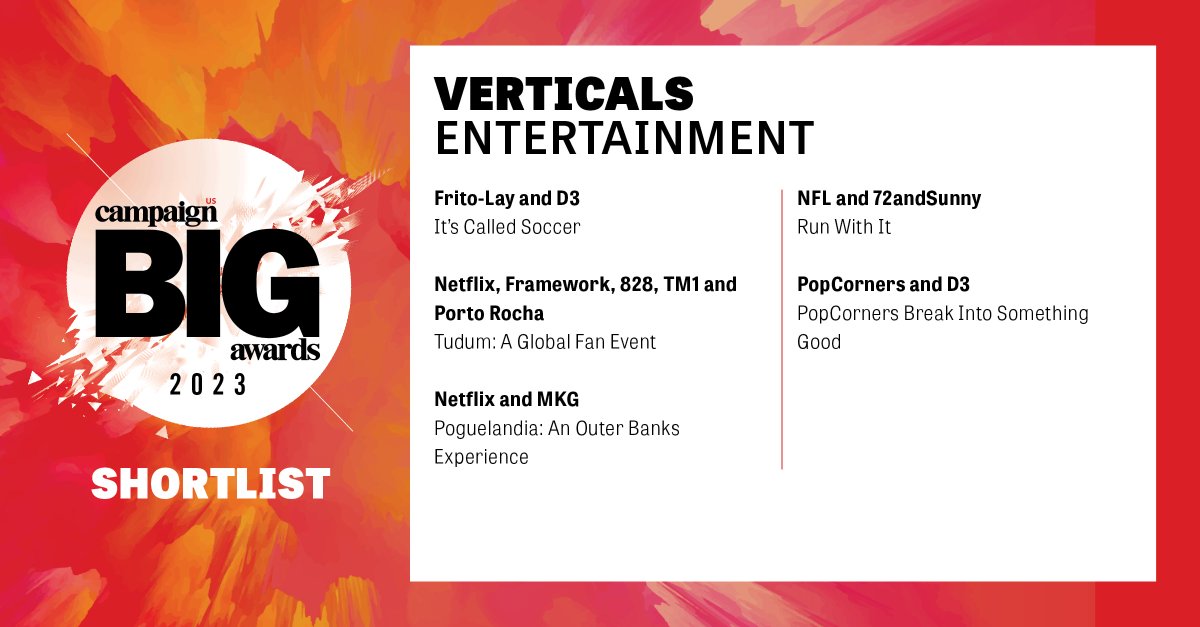 Congratulations to all our finalists for #CampaignUSBIGAwards: Verticals- Entertainment. Do you want to see who wins? Get tickets now to see the winner announced LIVE on November 15 at The Times Center in NYC! campaignusbigawards.com/?promo=TWT&tr=… #finalists #congrats #shortlist #marketing