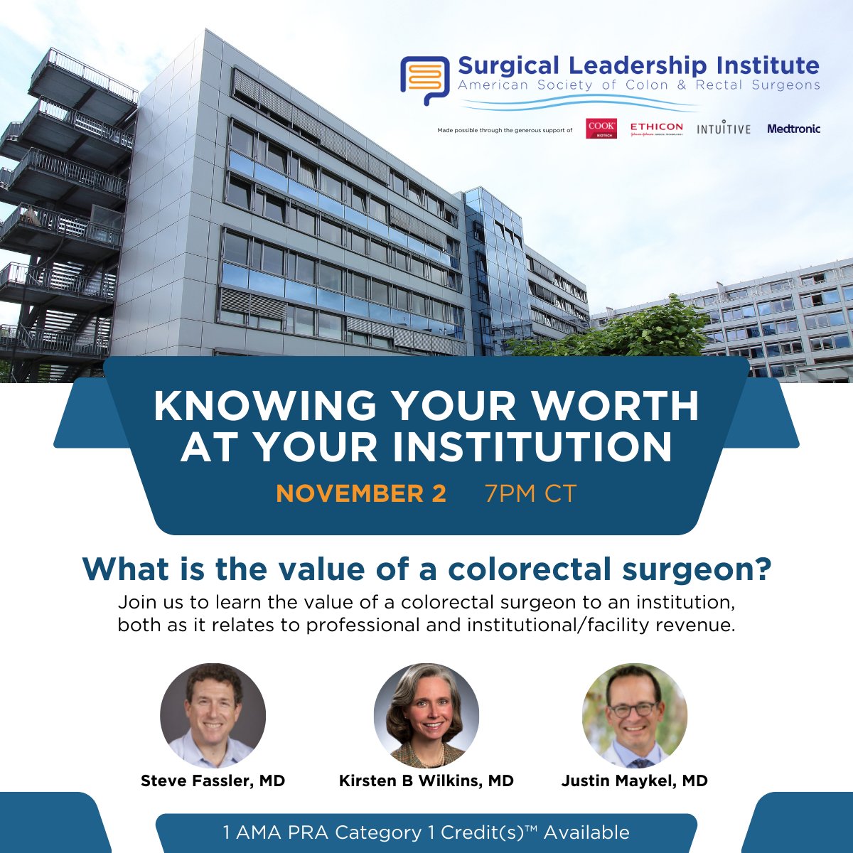 TOMORROW❗️What is the value of a Colorectal Surgeon? Join us for a enlightening session with @KirstenBWilkins, @fassler_steven , and @justinmaykel where they'll dive into benchmarking data, revenue generation, negotiations, and more! Register here👉 fascrs.org/my-ascrs/educa…